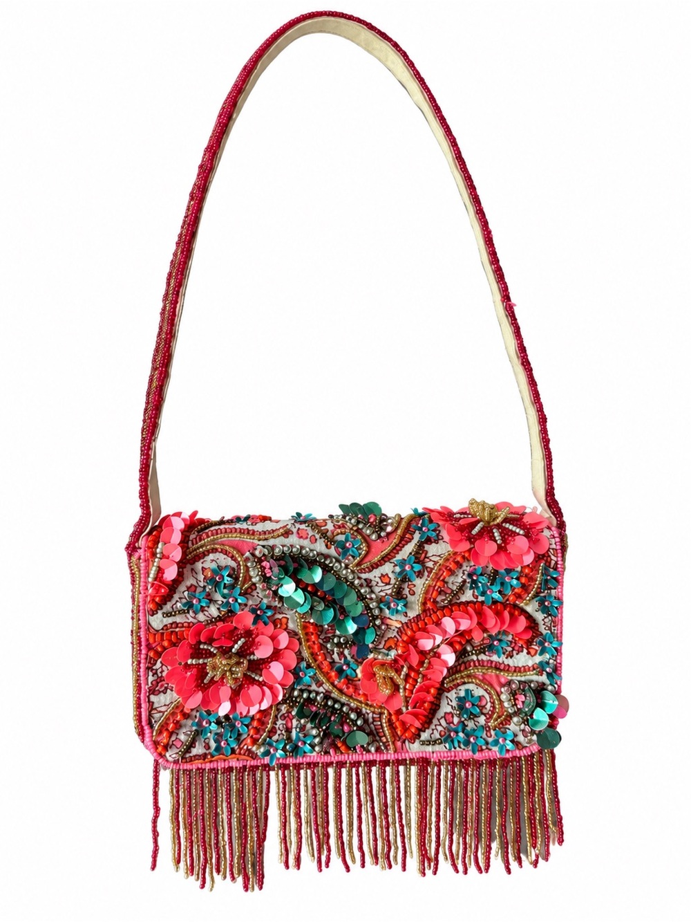 Colorful Beaded Floral Shoulder Bag with Sequin Details & Fringe